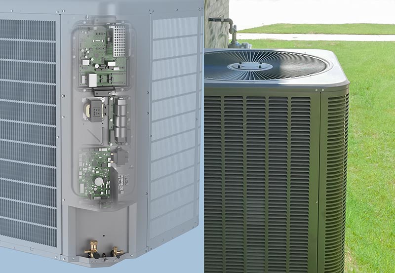 An outdoor air conditioning condenser unit alongside a cutaway diagram showing its internal control board and electrical components.