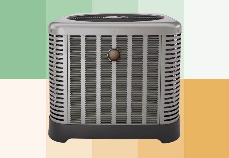 A gray outdoor HVAC air conditioning condenser unit set against a colorful grid background.