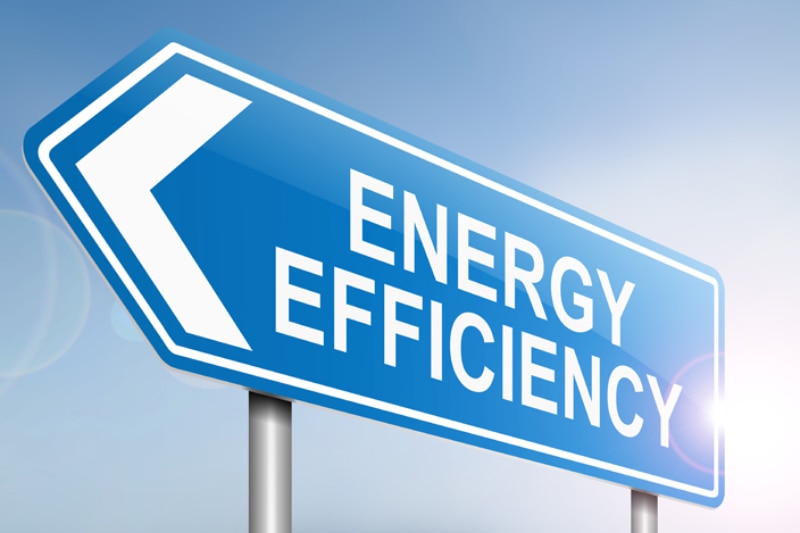 How to Reduce Your Company’s Energy Costs. Image is an illustration of a blue sign that says energy efficiency.