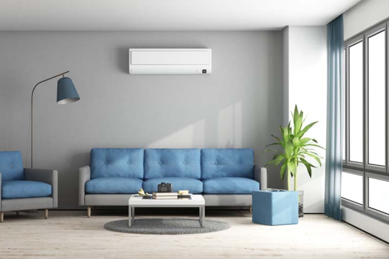 Ductless Mini Splits for Comfortable and Healthy Living. Blue and gray modern living room with sofa,armchair and air conditioner - 3d rendering.
