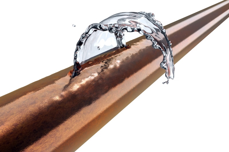 What to Do When Your Basement Floods. Image is an illustration of a broken copper pipe leaking water on a white background.